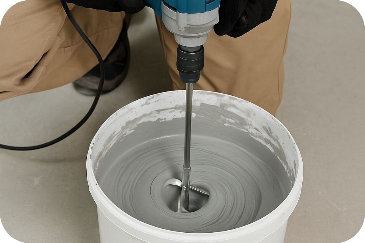 Verf mengen met een boormachine en menger voor een egaal resultaat