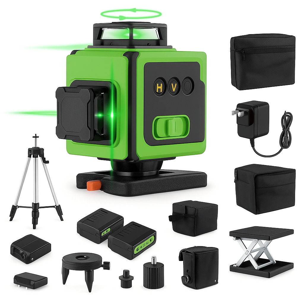 4D 16-Lijns Laser Level Set – 360° Groen Laser Nivelleer Systeem met Statief, Roterende Basis, Wandbeugel, Lifting Platform & 2 Oplaadbare Accu’s